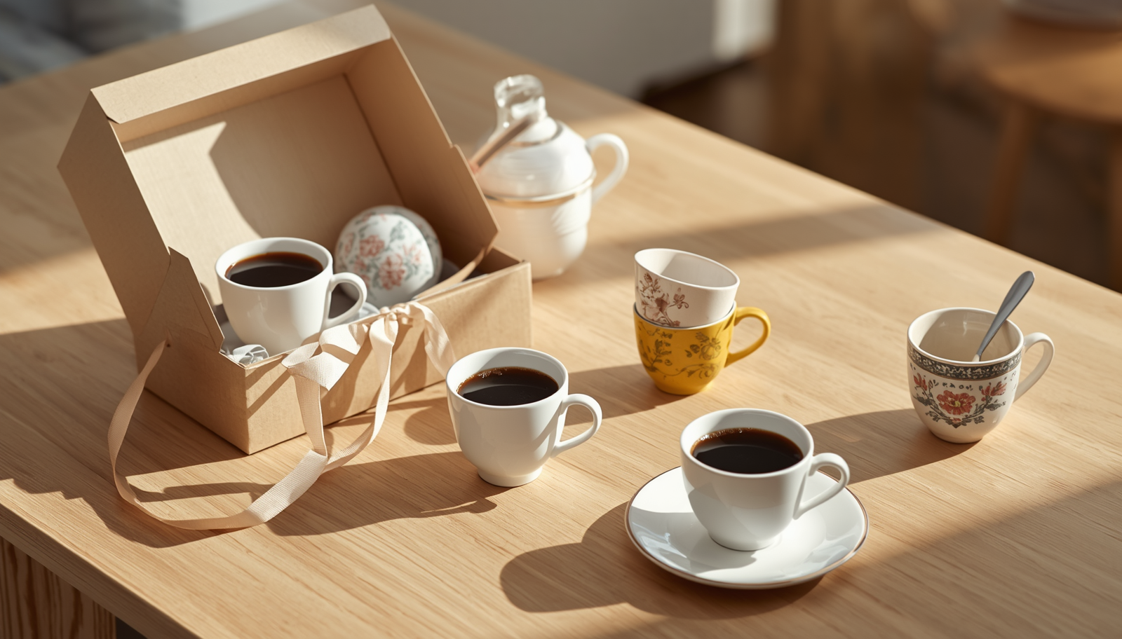 Set di tazzine da caffè espresso in porcellana disposte su un tavolo di legno inondato da luce naturale